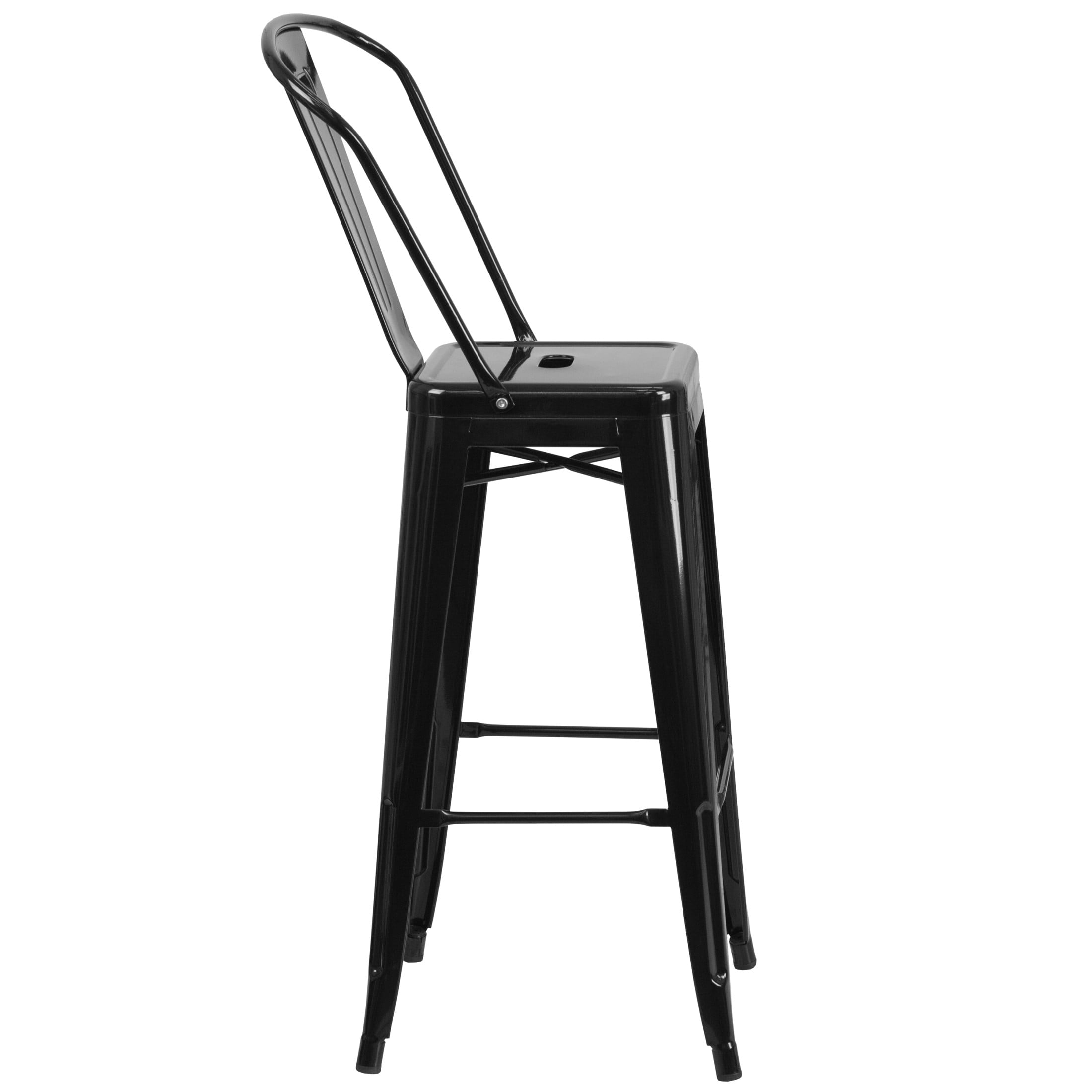 Merrick Lane Black 30" High Metal Bar Height Stool with Removable Back for Indoor-Outdoor Use