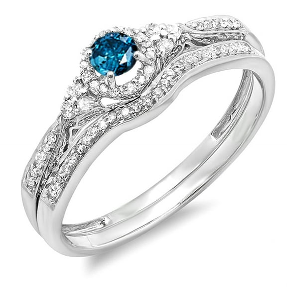 Dazzlingrock Collection 0.33 Carat (ctw) 10k Round Blue & White Diamond Ladies Halo Bridal Ring Set 1/3 CT, White Gold, Size 5