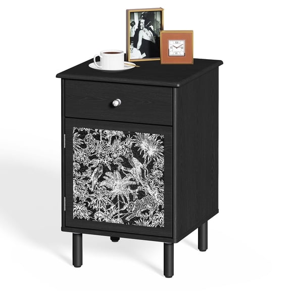 H&3L Black Night Stand, Bedroom Wood Nightstand, French Mid Century Modern Bedside Table with 1 drawer 1 Vintage Floral Pattern Door, Living Room End Side Table with Storage, 16"x16"x24"