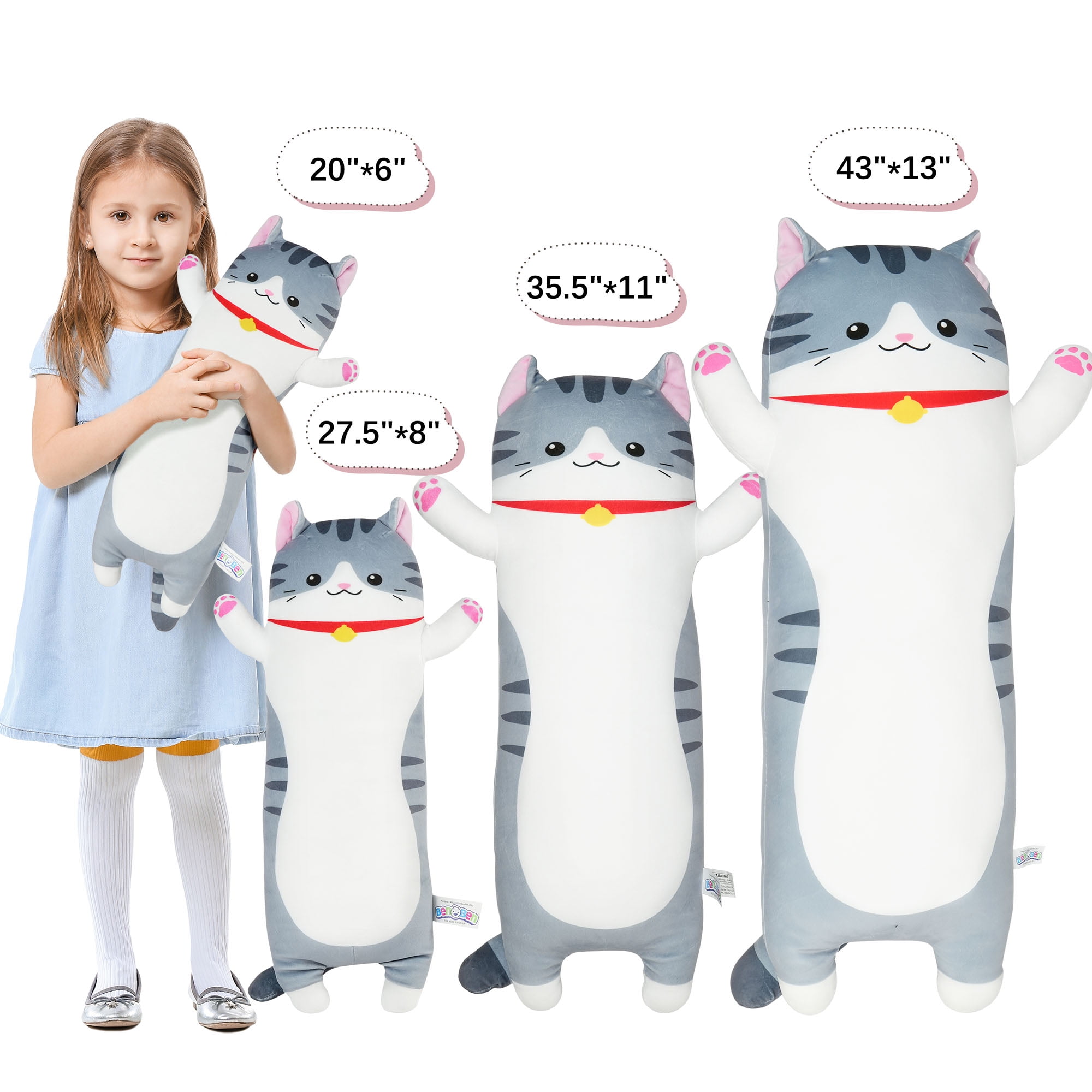 BenBen Long Cat Plush Pillow, Cat Stuffed Animal Body Pillow for Kids, 27.5 in, Grey