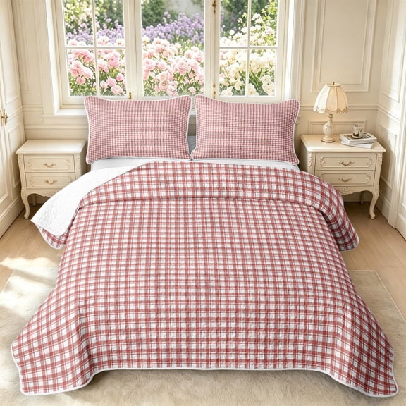 Manfei Vintage Grid Twin Quilt Set,Modern Check Twin Coverlet Set,Red Brown,2 Pieces,1 Bedspread and 1 Pillowcase