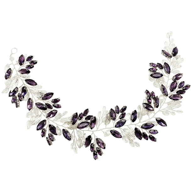 BETITETO Tocado de cristal barroco para novia, con diamantes de imitación de boda, accesorios para el pelo de hojas plateadas para mujeres y niñas (púrpura)