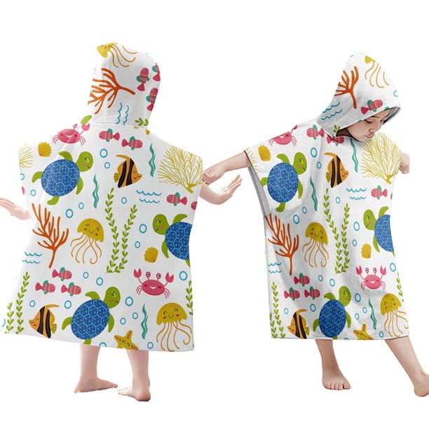 Poncho de toalla con capucha XIAOLE, con estampado de dibujos animados para adolescentes (8-16 años), de algodón absorbente, versátil para playa, piscina, baño y natación (colección Marine Biota)