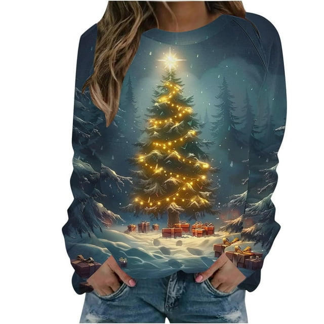 lcziwo Offres Prime Chandails en Molleton de Noël Col Rond pour Femmes, T-Shirts de Noël pour Femmes 2024 Imprimé Arbre de Noël Scintillant Chandails en Molleton Col Rond Chandail Tunique Rouge,m