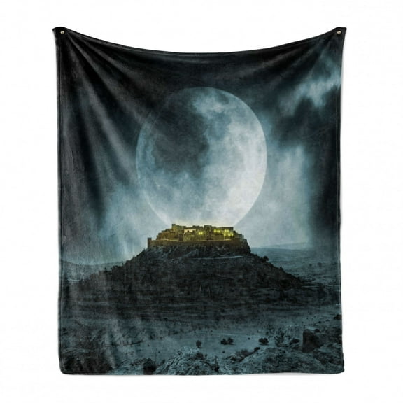 Night Sky Soft Flannel Fleece Blanket, Big Full Moon over a Fantasy Castle on Hill Clouds Rocks Valley View, Cozy Plush for Indoor and Outdoor Use, 50" x 70", Green Black Slate Blue, by Ambesonne