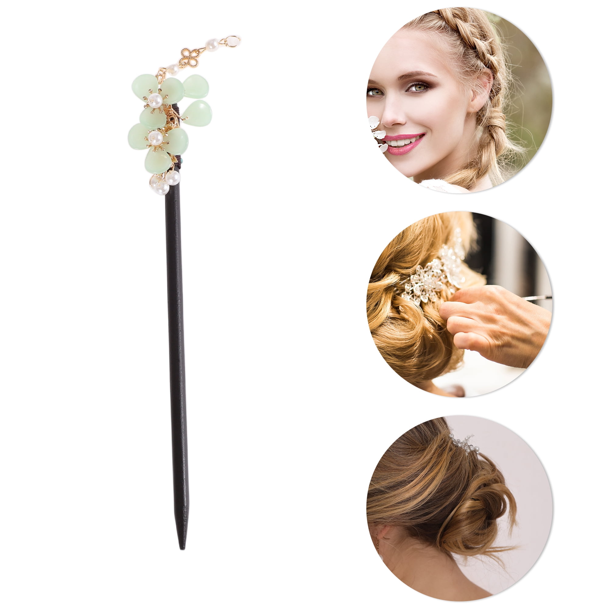 Unique Bargains Three-petal Flower Tassel Hair Chopstick for Women 1 Pc Black, Green