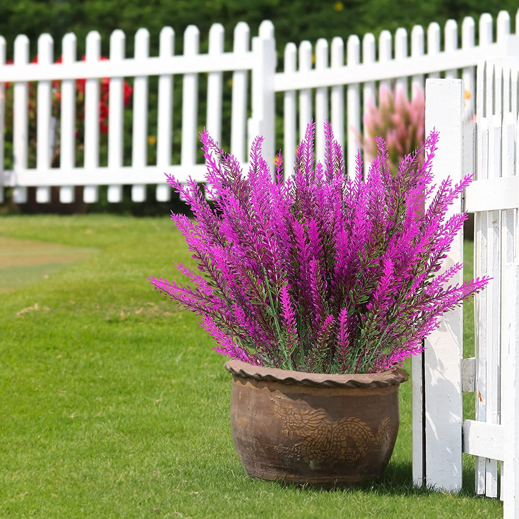 Deago 4 Bundles Artificial Lavender Flowers Outdoor UV Resistant Fake Flowers No Fade Faux Plastic Plants Garden Porch Window Box Decorating (Rose Red)