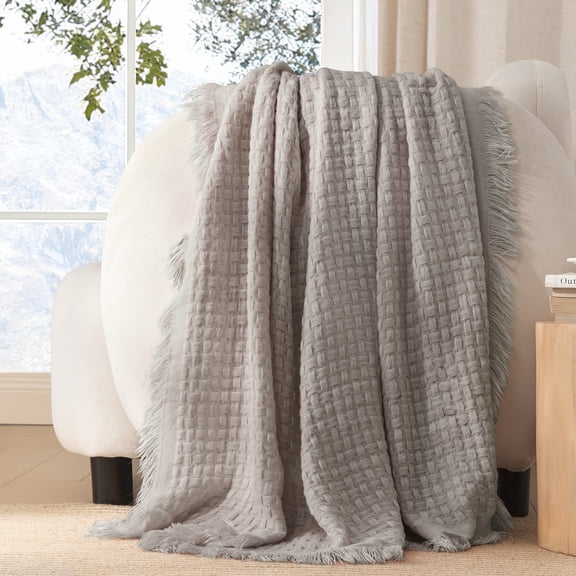 Exclusivo Mezcla Knitted Throw Blanket with Fringes for Couch, Soft and Warm Textured Throw for All Season, Lightweight Breathable Room Decor, Beige, 50”x60”