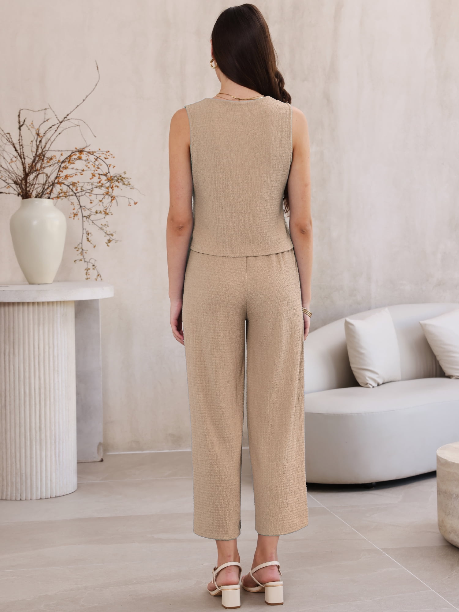 DARING DIVA Women's 2 Piece Sets extured Casual Lounge Pants Suit Matching Set XS Brown