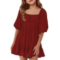 thumbnail image 2 of CCRFTGI Summer Dresses for Child Girls Size 7 Casual Dress Tie Backless Square Neck Ruffle Elastic Waist Party A-Line Mini Dress Deep Red 9-10 Years, 2 of 5