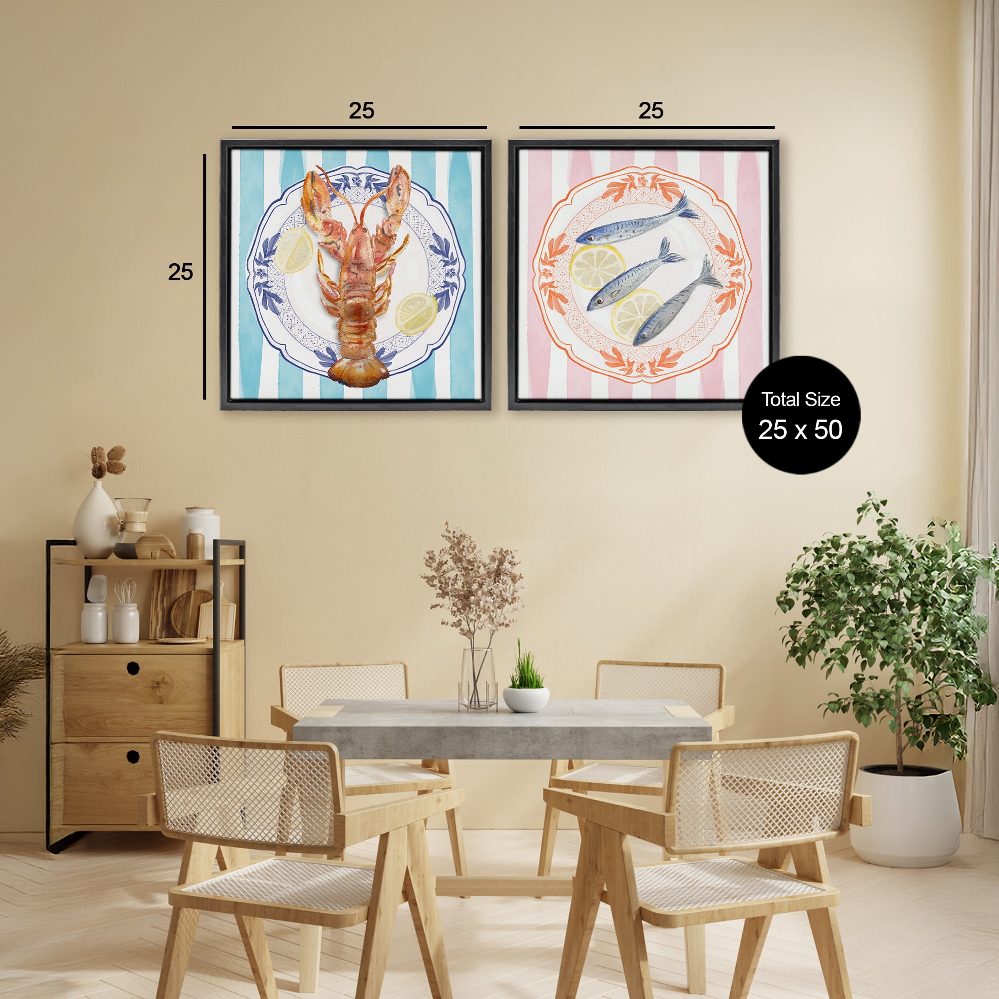 Stupell Industries Lobster & Sardines Plates 2 Piece Black Framed Floater Canvas Set, design by Christie Adams