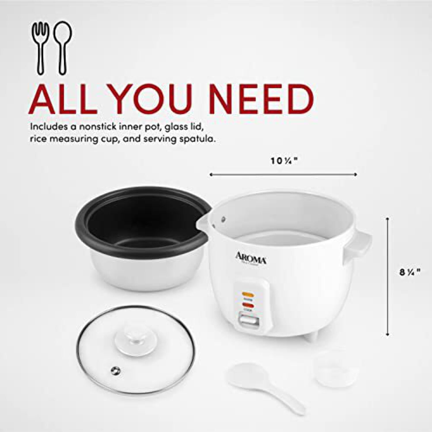 Aroma 3-Cup Electric Rice Cooker, White - Nonstick Interior