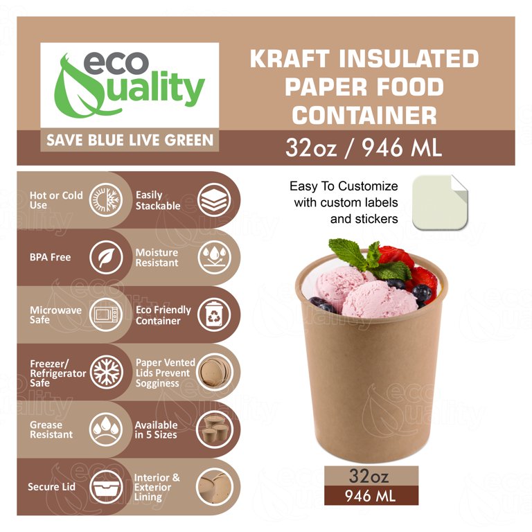 200 Pack] 32 oz Disposable Kraft Paper Soup Containers with Vented LIDS -  Quart Ice Cream Containers, Frozen Yogurt Cups, Restaurant, Microwavable,  Take Out, Food Storage, Recyclable 