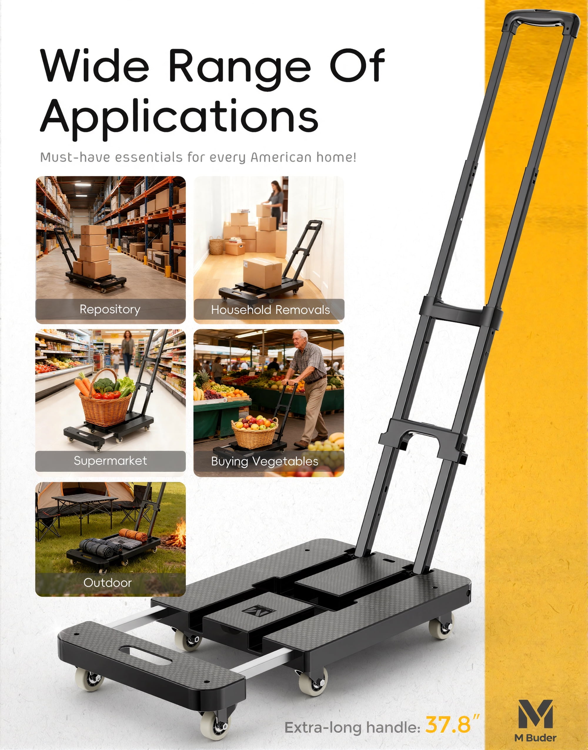 M BUDER Folding Hand Truck, 440 LBS Heavy Duty Dolly Cart, Utility Platform Cart with 7 Wheels for Travel, House, Office, Shopping, Moving Use Black Folded