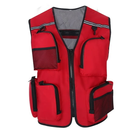 Outdoor Men Utility Multiple Pocket Mesh Jacket Vest for Fishing Hunting (Red-XXL)