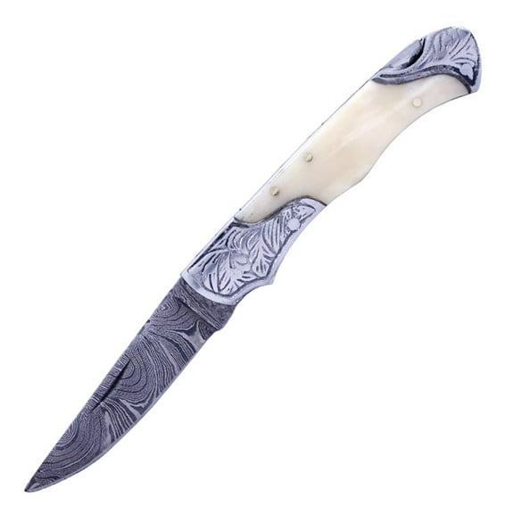 TheBoneEdge 7" Damascus Folding Knife Horn Handle Bolster Handmade with Sheath