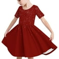 thumbnail image 6 of Jinhomg Casual Dress for Little Girls Cute Sparkly Star Print Flowy Dresses Casual Comfy Short Sleeve Crew Neck Midi Dress Spring Summer T-Shirt Dress Kid Wine 13 Years, 6 of 8