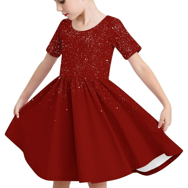 Odeerbi Niñas de Verano Vestido de Línea A Brillante Swing Vestido Niños Color Sólido Vestido Elástico de Manga Corta