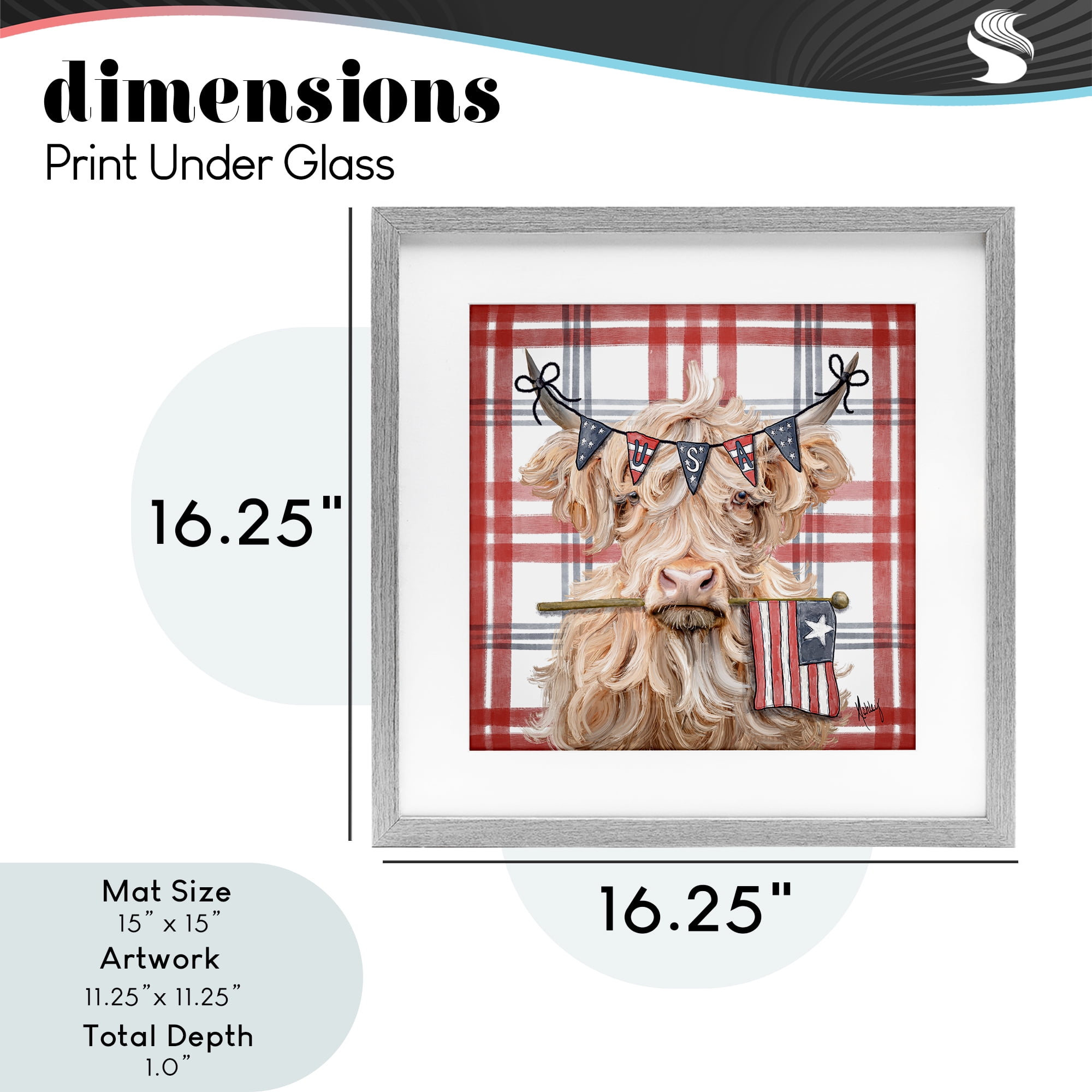 USA Plaid Highland Cattle Gray Framed Print Under Glass, design by Ashley Bradley
