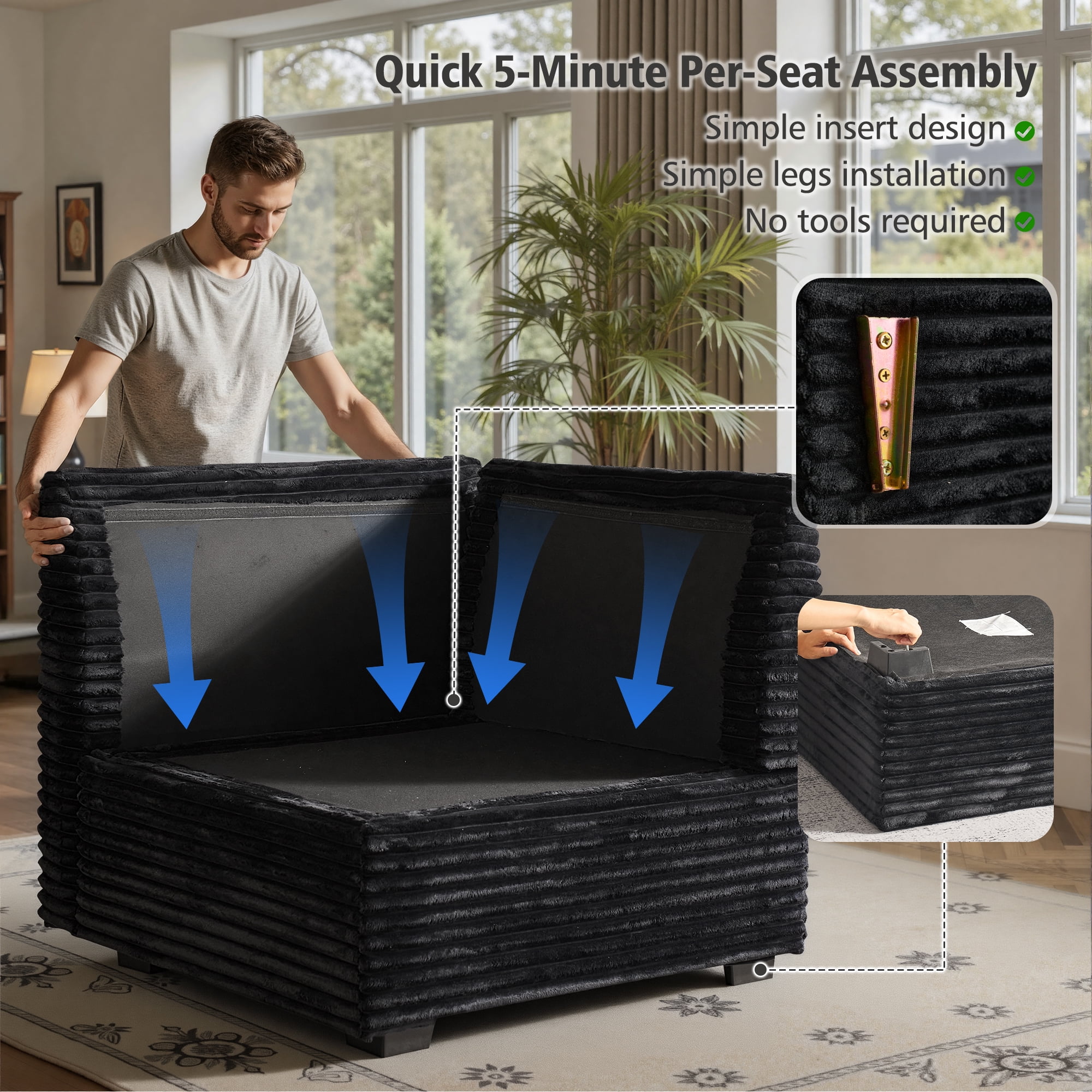 Ovios 95" Modular Sectional Sofa Deep Seat Cloud Couch with Chaise L-Shaped Corduroy Couch for Living Room, 5 Seat, Black
