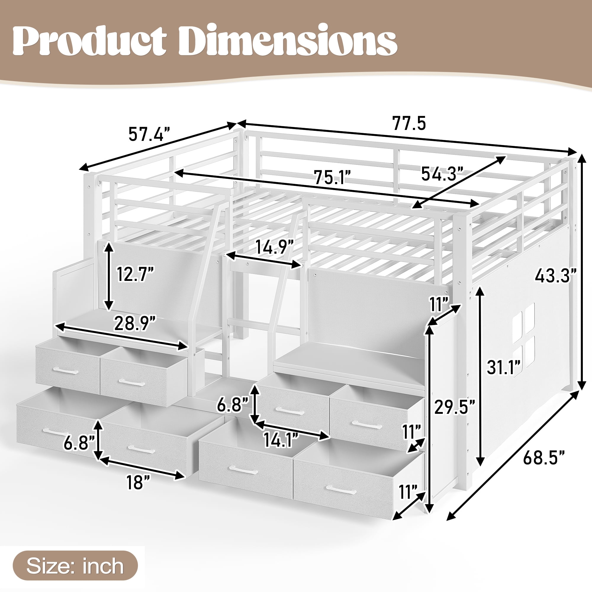 Leumius Full Size Loft Bed with Multi-storage Spaces,Metal Low Loft Bed with Storage Drawers, Shelves,LED Lights and Independent Spaces Under Bed,No Box Spring Needed,Light White