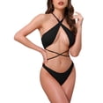 thumbnail image 1 of INSPIRAR CHIC Conjuntos de Bikini de Punto Acanalado para Mujeres de Dos Piezas, Top con Tiras y Parte Inferior en Triángulo, Trajes de Baño, Pequeño, Negro, 1 of 5
