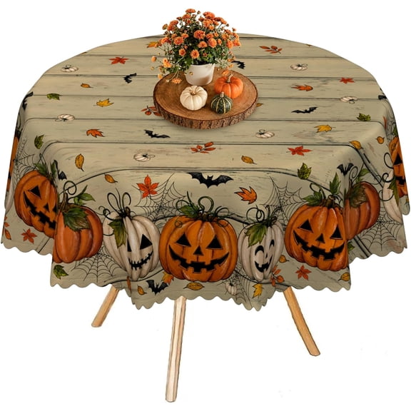 Halloween Tablecloth Waterproof Fabric Pumpkin Face Table Cloths for Autumn Fall Halloween Dining Room Table Decorations-60 * 60" Round