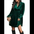 thumbnail image 2 of Vestido Elegante Retro Corto Holgado con Escote en V y Larga de Terciopelo de Color Liso para Mujer, Ropa de Moda para Otoño e Invierno. Verde Oscuro L, 2 of 9