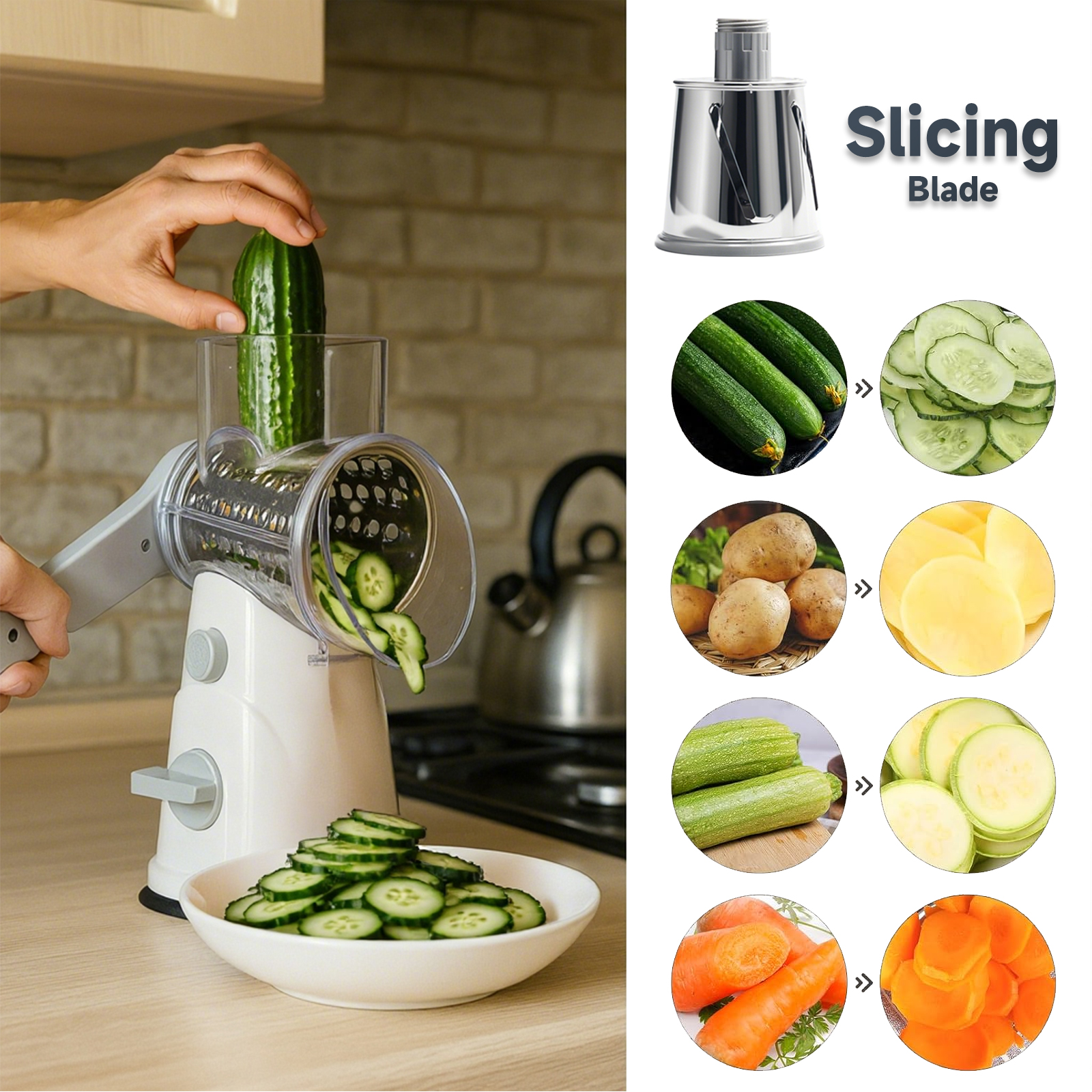 Aonhom Rotary Cheese Grater with 3 Interchangeable Blades photo 7