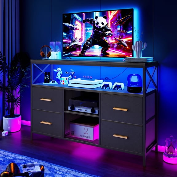 TV Stand for 43" TV, Modern Entertainment Center with LED, Power Outlet, Storage Drawers, TV Console for Living Room,Black