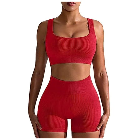 Summer Work Outfits for Women Clearance Workout Outfit Sets For Women 2 Piece Seamless Ribbed High Waist Leggings With Sports Bra Crop Tank Gym Yoga Sets   Summer Pants for Women   2 Piece S Red S