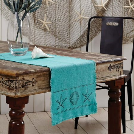 Co Willow Pattern Ashton & Willow Aqua Blue Coastal Tabletop Kitchen Sandy Burlap Cotton Stenciled Cotton Burlap Nautical Rectangle 13x36 Runner ()