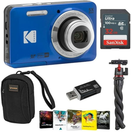 Kodak PIXPRO FZ55 Friendly Zoom Digital Camera, Blue, With SD Card, Camera Bag, Tripod, Photo Editing Software, SD Card Reader