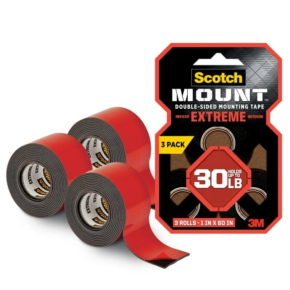 Scotch-Mount Extreme Double-Sided Mounting Tape, Indoor and Outdoor Use, 1 in x 60 in, Holds 30 lbs, 3 Rolls