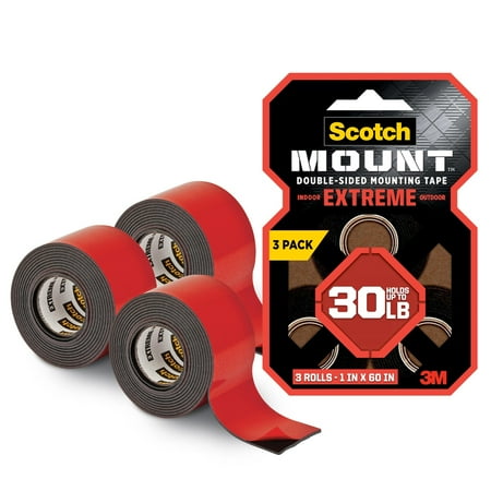 Scotch-Mount Extreme Double-Sided Mounting Tape, Indoor and Outdoor Use, 1 in x 60 in, Holds 30 lbs, 3 Rolls