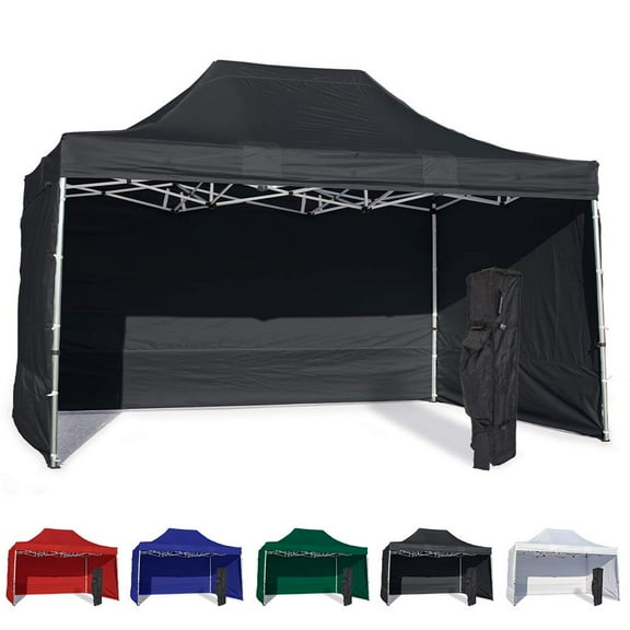Black 10x15 Instant Canopy Tent and 3 Side Walls - Commercial Grade Steel Frame with Water-Resistant Canopy Top and Sidewalls - Bonus Canopy Bag and Stake Kit Included (5 Color Options)