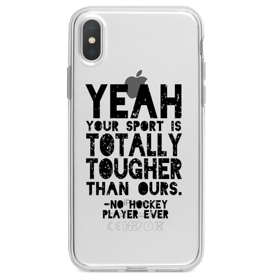 DistinctInk Clear Shockproof Hybrid Case for iPhone X / XS (5.8" Screen) - TPU Bumper Acrylic Back Tempered Glass Screen Protector - Yeah Your Sport Is Totally Tougher Hockey