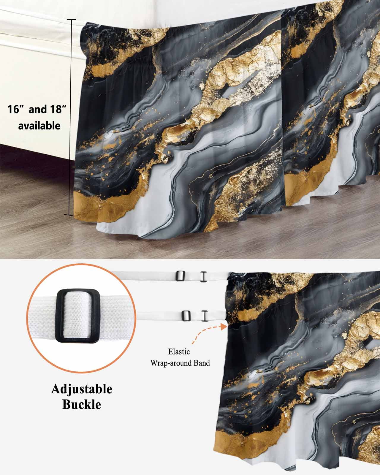Abstract Marble Texture Bed Skirt Black Gold Crack Gradient Bed Skirts Queen Size 16 Inch Drop, Wrap Around Dust Ruffle&nbsp;Bedskirt with Adjustable Elastic Belt for Queen Size Beds