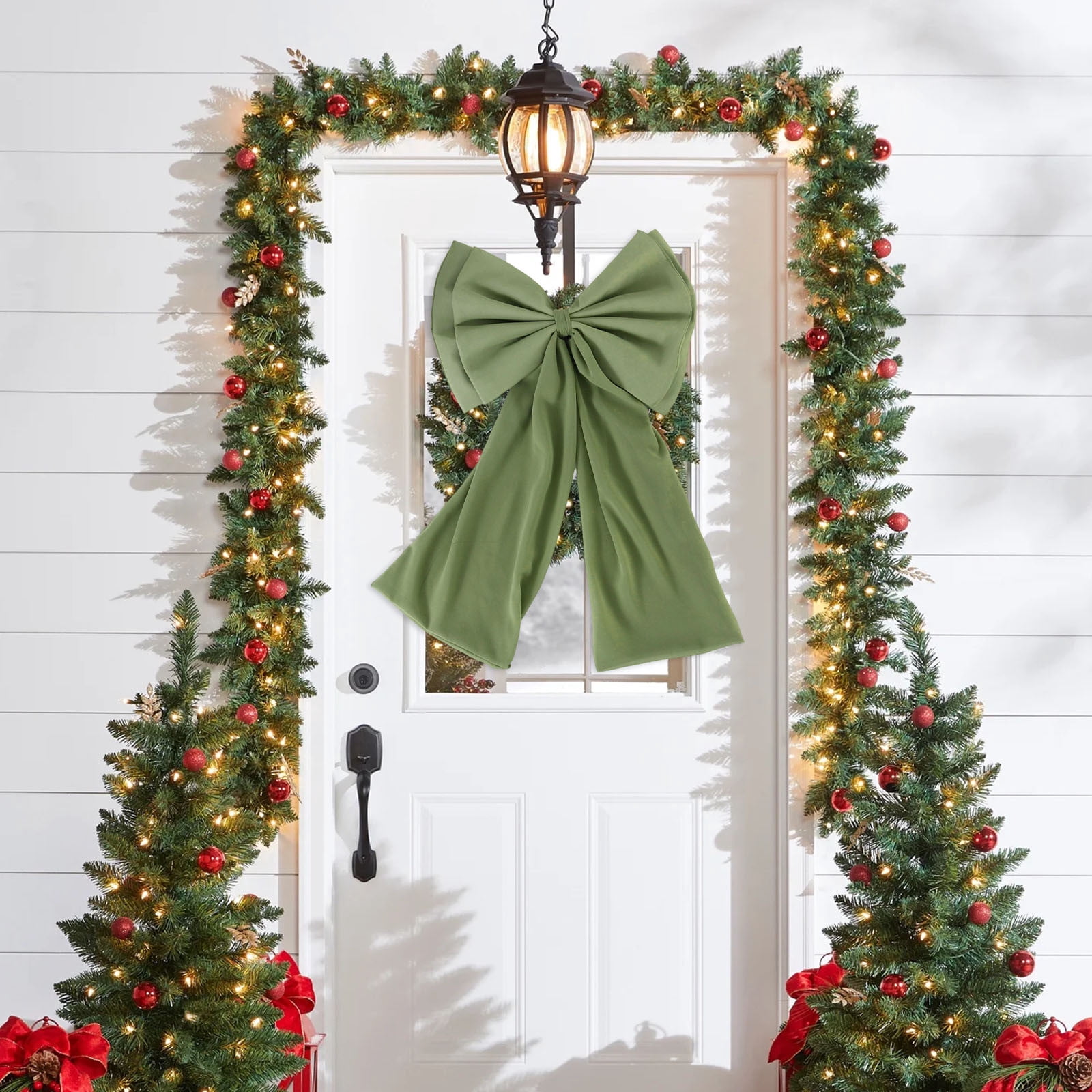 Green Holiday Double Layer Bow With Flowing Tails For Tree Or Wall Decor Pearl Chiffon Fabric Christmas Decoration For Home