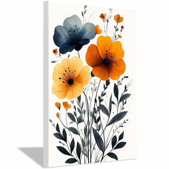 Mudket Blue and Orange Poppies Canvas Wall Art, Framed Ready to Hang, Modern Floral Wall Decor for Living Room Bedroom Office, Abstract Botanical Print - 12"L x 8"W