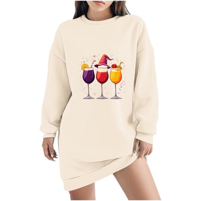 Pisexur Robes de Noël pour Femmes, Robe Chandail en Molleton à Col Rond Imprimé Verres de Vin Tendance, Robe de Fête Décontractée à Manches Longues, Robe de Vacances de Noël Mini Robe
