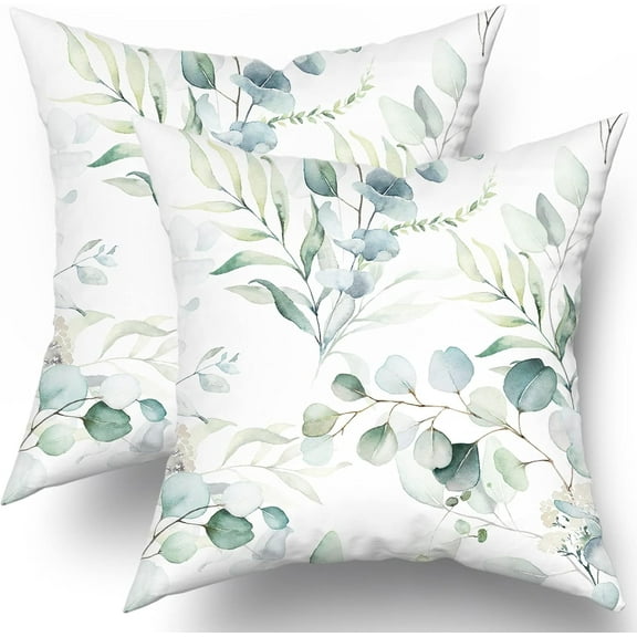 Spring Sage Green Leaf Pillow Covers 18x18 Set of 2, Eucalyptus Floral Watercolor Pillow Cushion Cases, Gray Seafoam Leaves Print Modern Throw Pillows Cover Decor Gifts for Bed Couch Sofa Living Room