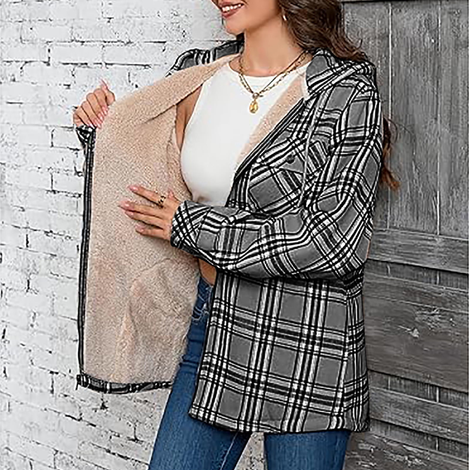 Womens Sherpa Fleece Lined Flannel Jacket Button Down Plaid Lightweight Flannel Shirt Jacket Women