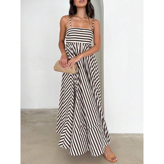 Brown And White Diagonal Stripe Spaghetti Strap Backless A-Line Flowy Maxi Dress