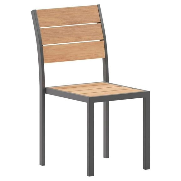 Faux Teak Patio Chairs - Stackable Armless Outdoor Dining Chairs - Metal Frame - Natural/Gray