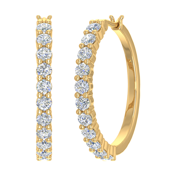 2 Carat Prong Set Round Diamond Hoop Earrings in 14K Yellow Gold (I1-I2 Clarity)