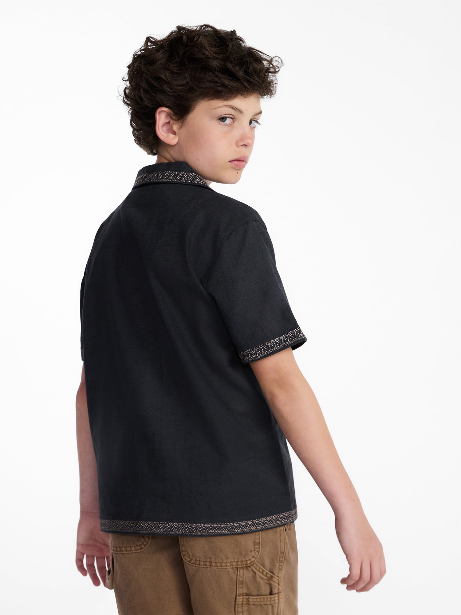 Weekend Academy Boys Embroidered Button Shirt with Short Sleeves, Sizes 4-18