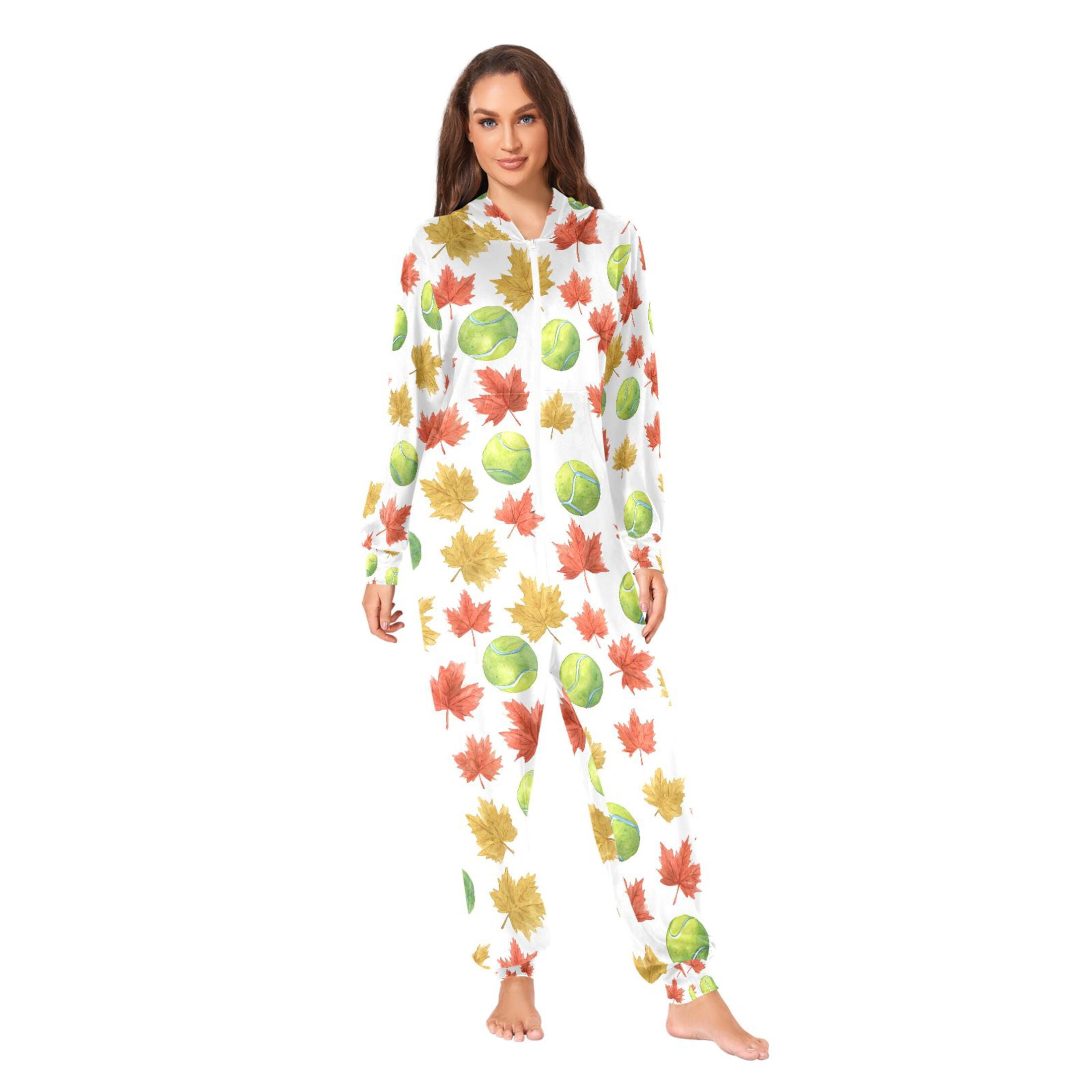 Adult Christmas Onesie Tennis Maple Leaf Adult Zipper One-Piece Pajamas Unisex Pajamas with Pockets