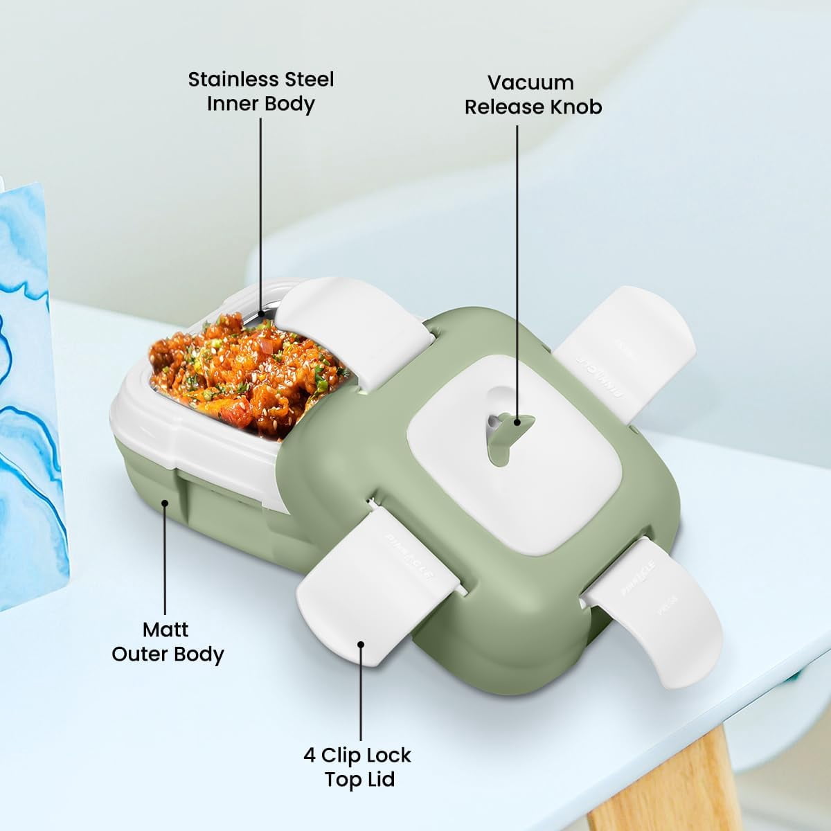 Pinnacle Insulated Leak-Proof Lunch Box Set of 2, 16oz, Heat Release Valve, Nave/Olive