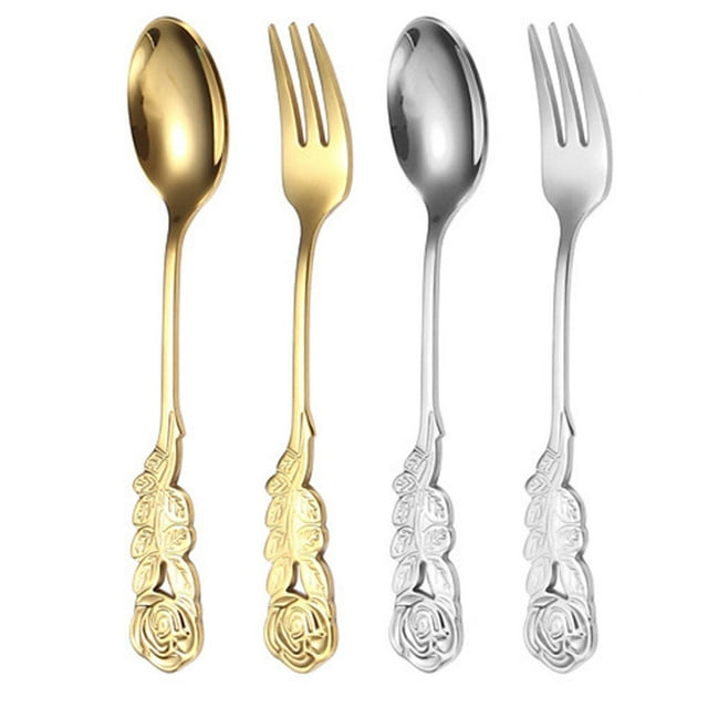 1 Set of Dessert Forks Mixing Spoons Rose Pattern Cutlery Rose Handle Spoons Forks